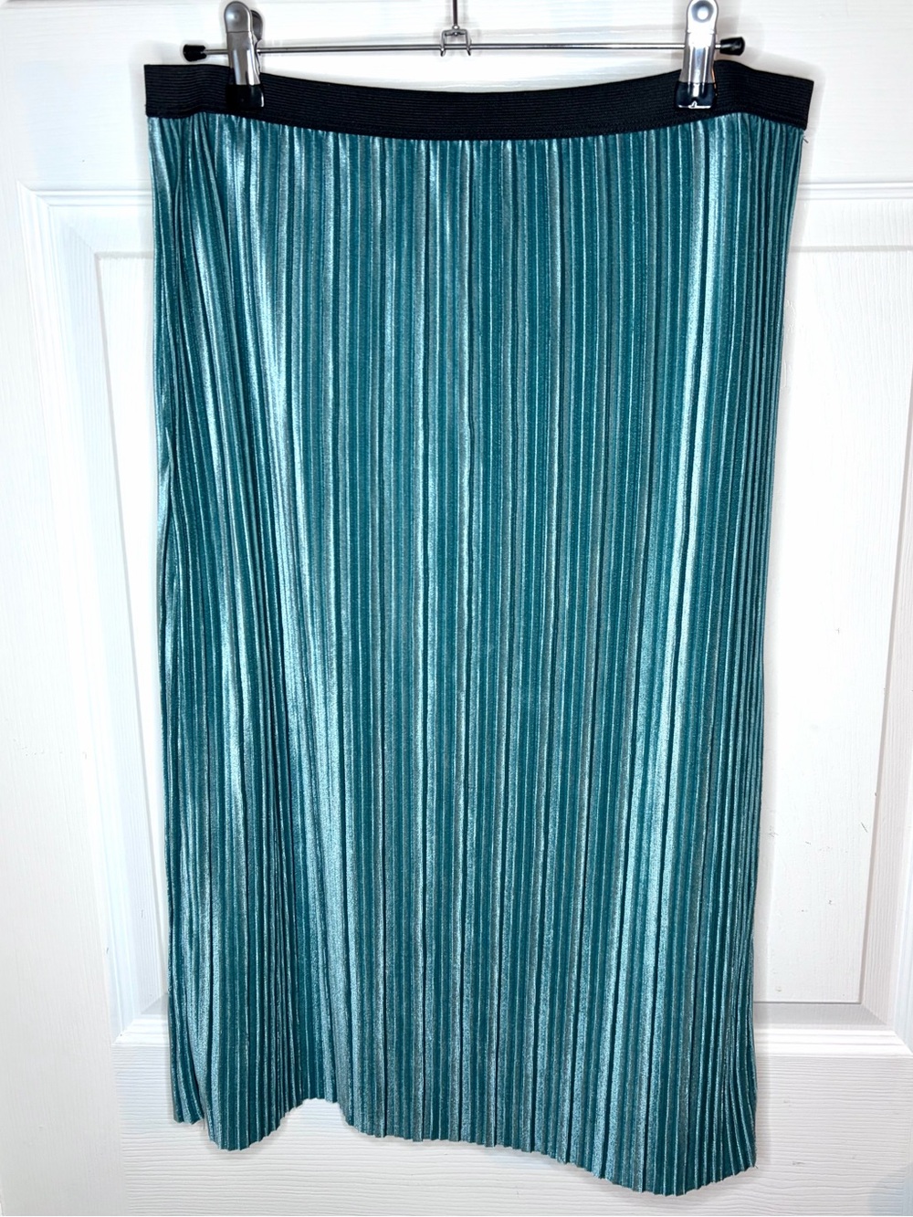 Leith Teal Blue Green Pleated Midi Velour Velvet Skirt Black Elastic Waistband L - Picture 5 of 13